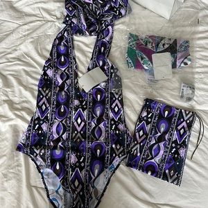 Emilio Pucci swim suit & scarf cover up.
